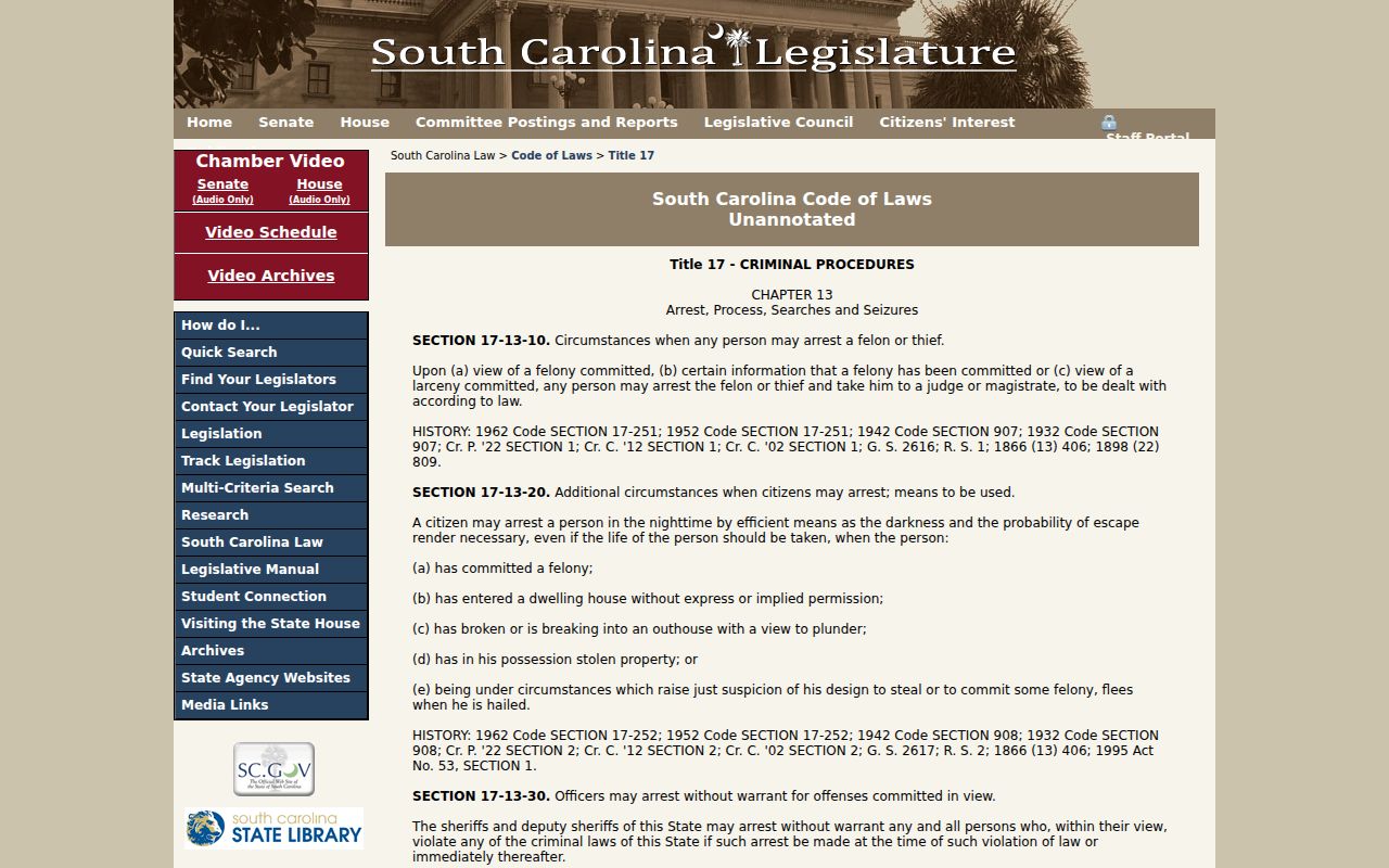 Lee County arrest warrant context, South Carolina arrest and search process law