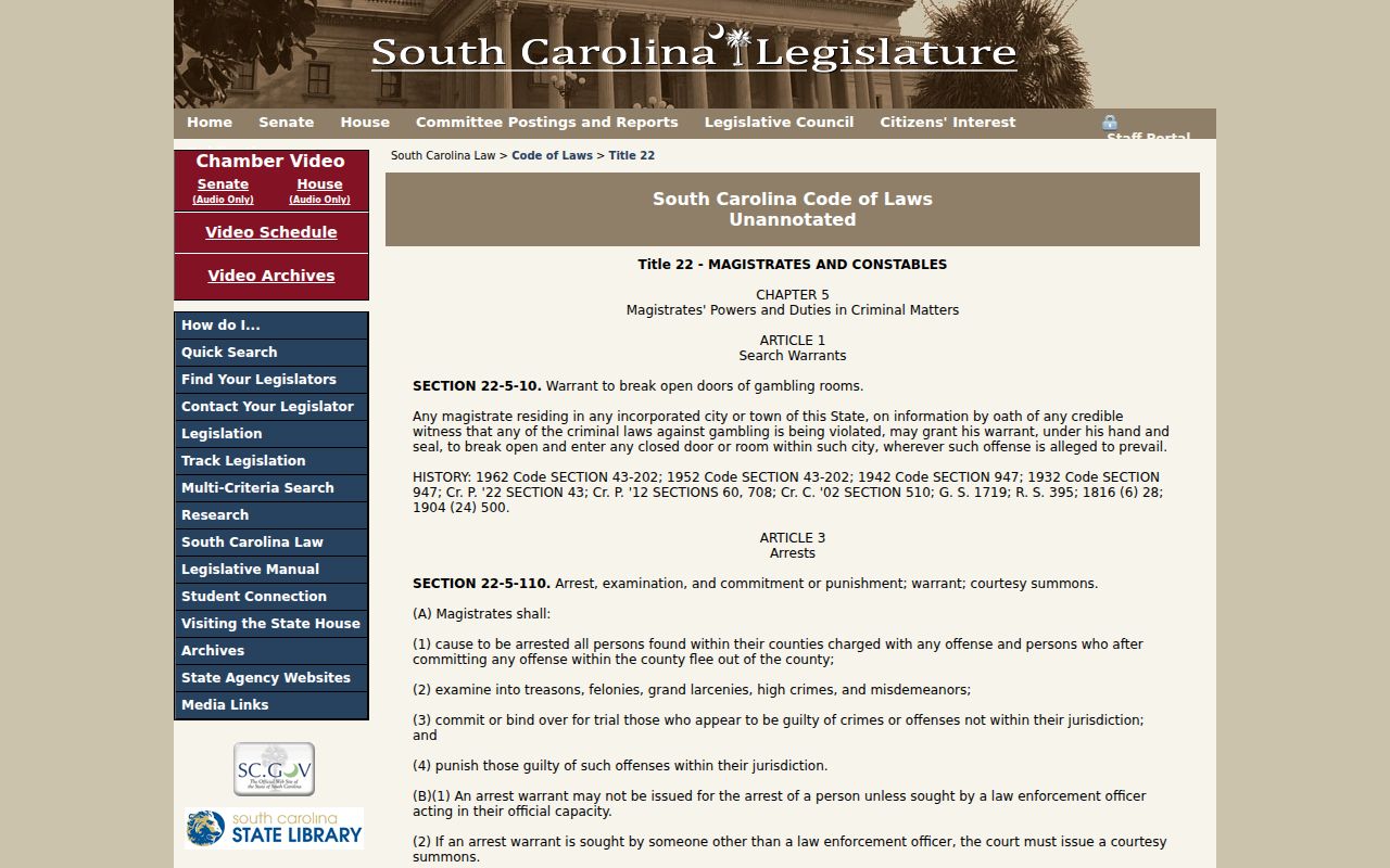 Lee County arrest warrant authority, South Carolina magistrate law